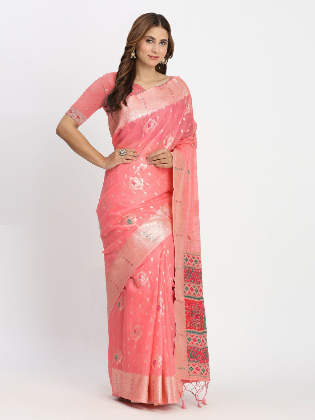 Shree Shyam Fashion Linen Cotton Peach Saree - Distacart
