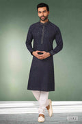 Raivat Ethnic Cotton Printed Work Kurta Pajama In Navy Blue Colour