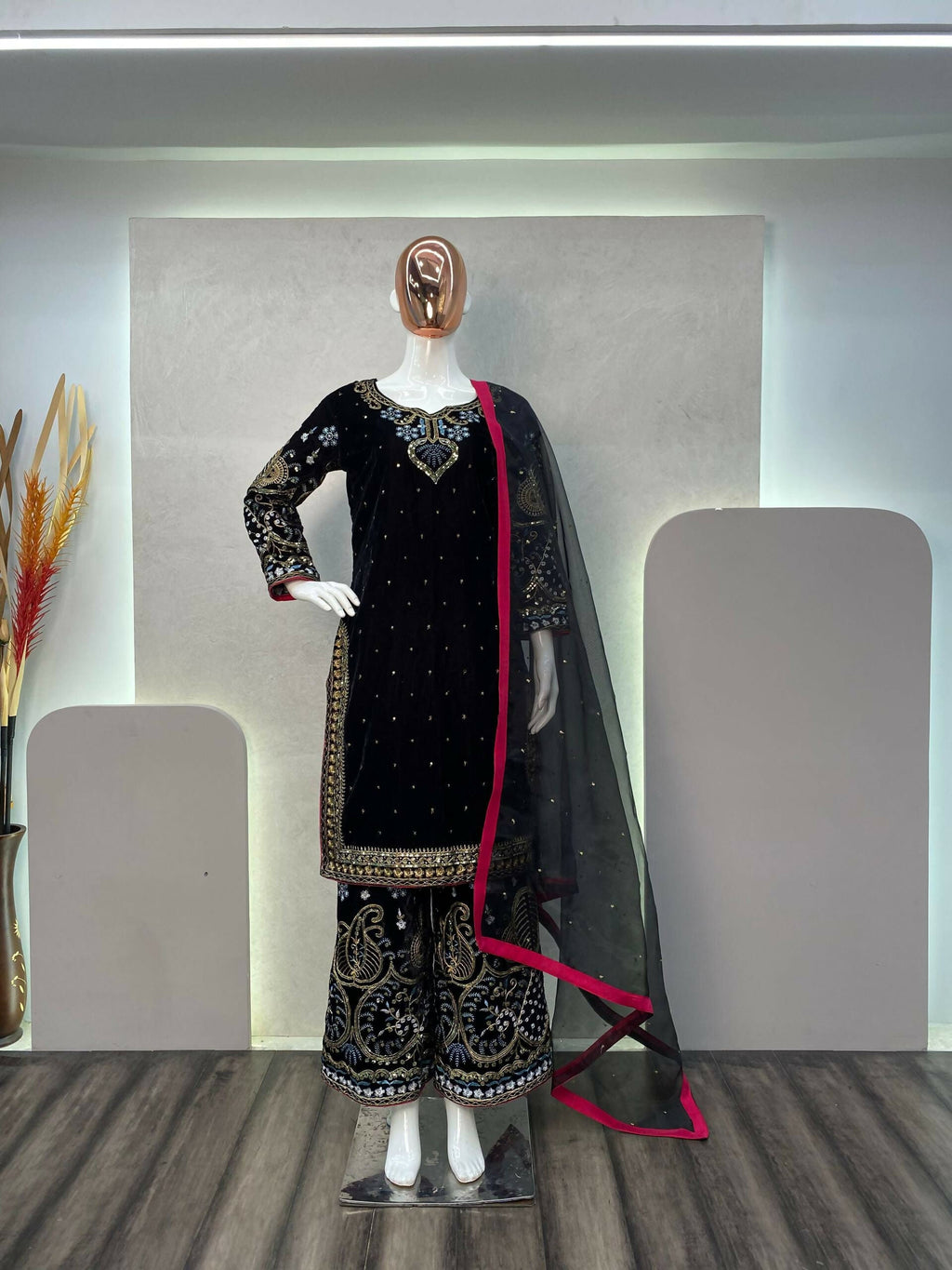 Vastranavya Black Viscose Velvet Cording Sequence Embroidery Work Suit With Dupatta - Distacart