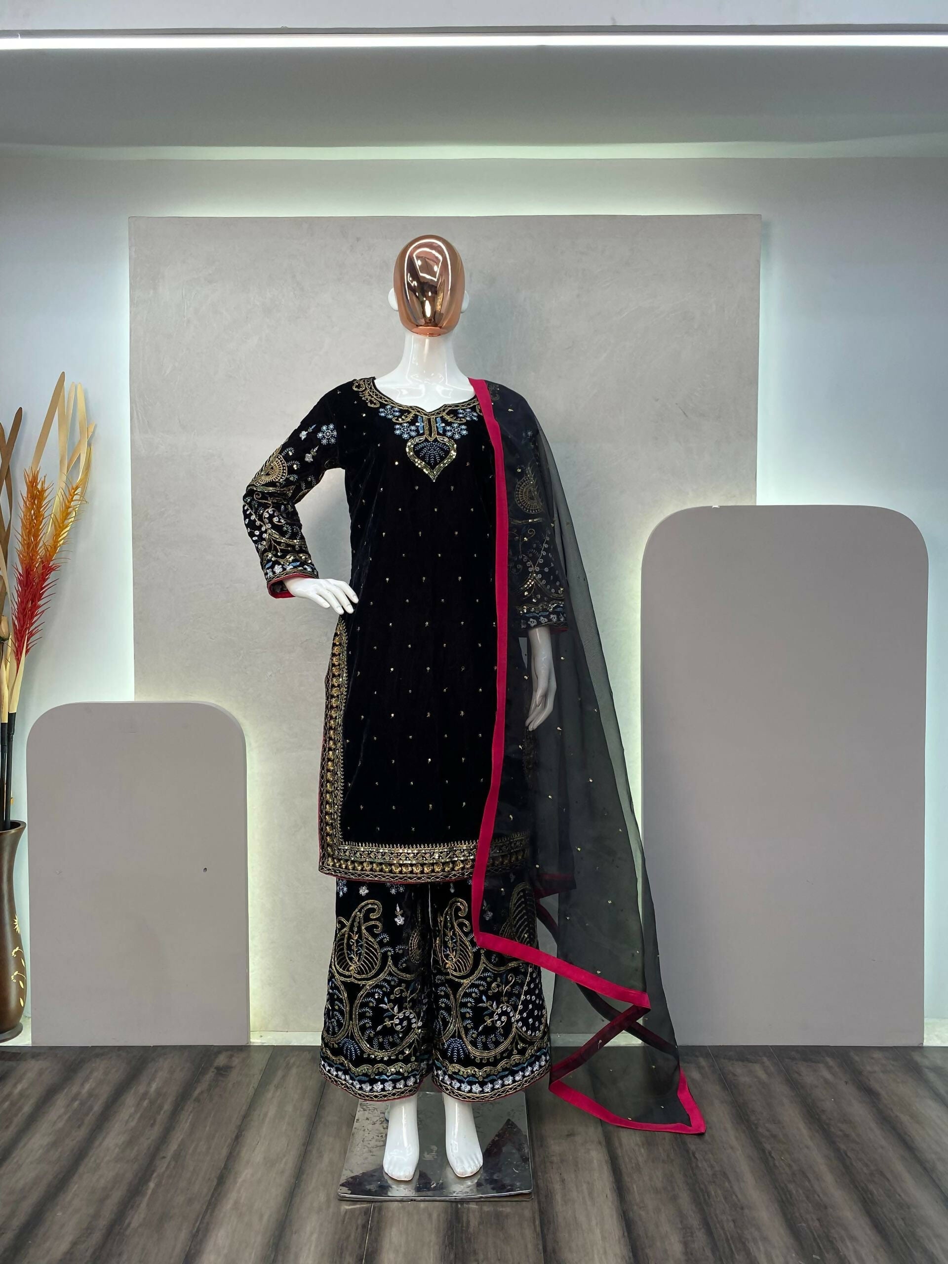 Vastranavya Black Viscose Velvet Cording Sequence Embroidery Work Suit With Dupatta - Distacart