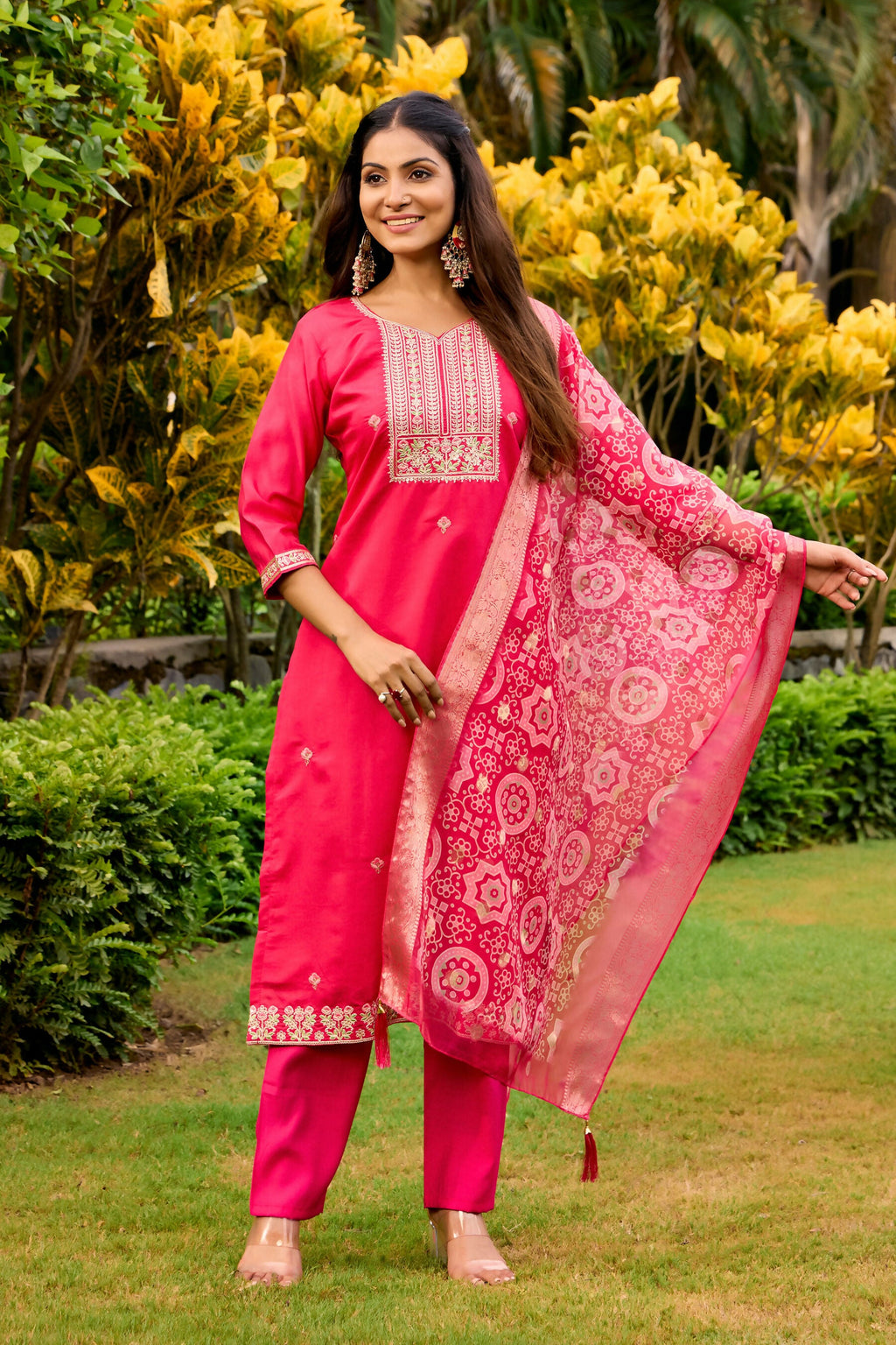 The52 Women's Beautiful Embroidery Work Roman Fabric Straight Kurta Pant and Dupatta Set - Distacart