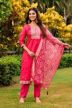 The52 Women's Beautiful Embroidery Work Roman Fabric Straight Kurta Pant and Dupatta Set - Distacart