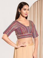 Joban Fashion Purple Multi Brocade Padded Blouse With V Neck Elbow Sleeves - Distacart