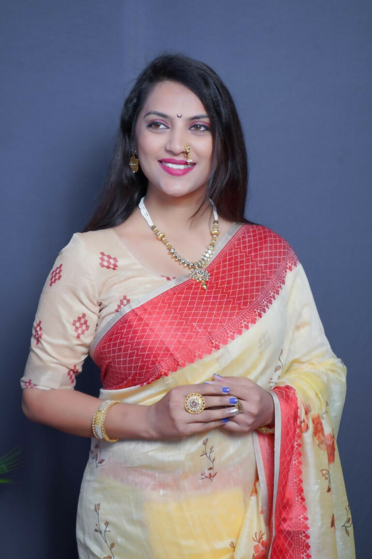 Jyoti Fashion Women's Red Linen Silk Digital Print with Jacquard Woven Border Saree with Blouse
