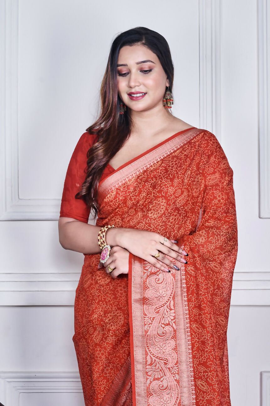 Morchari Red Script Printed Orzanga Saree Unstitched Blouse - Distacart