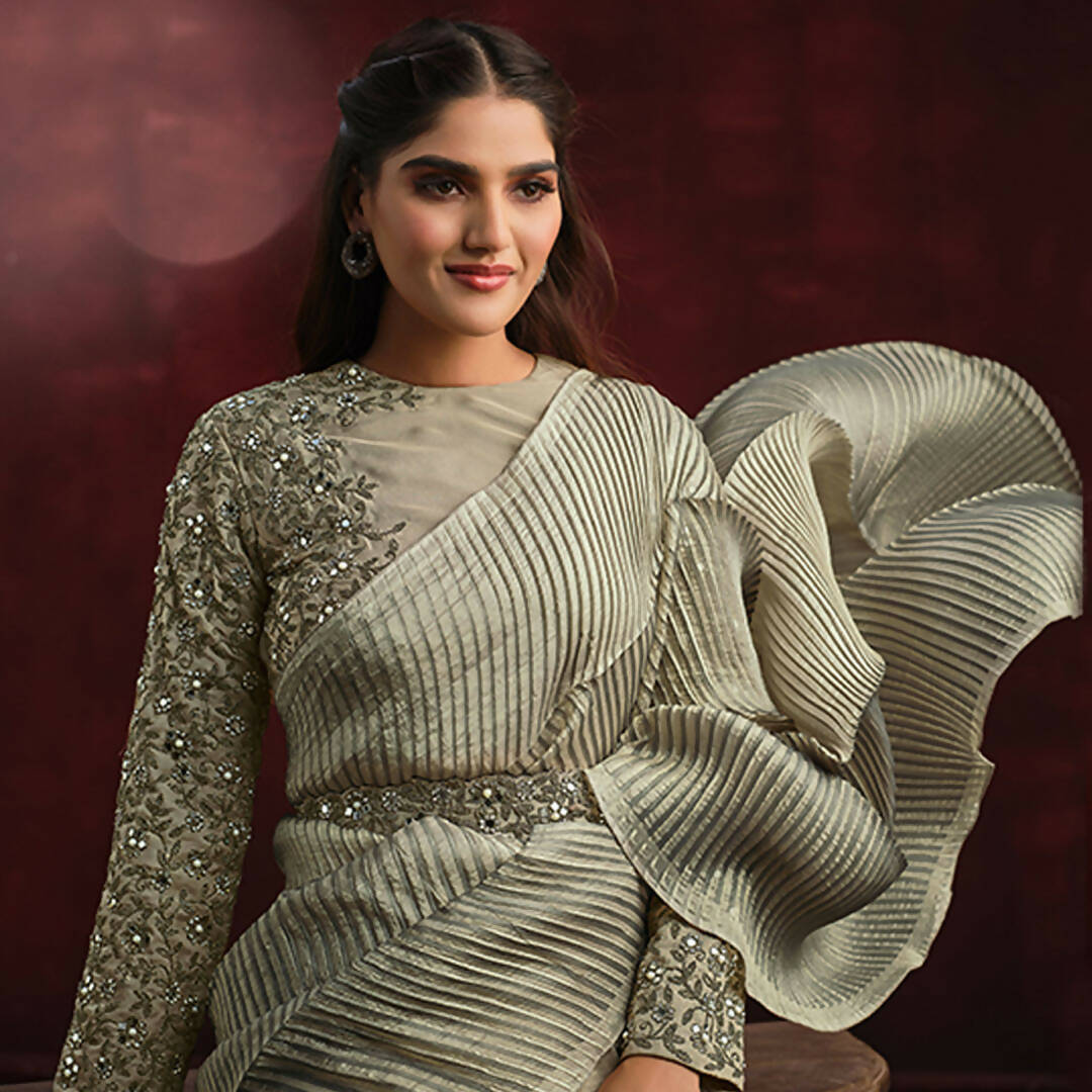 Olive Banarasi Crush Silk Sequence Thread & Stone Work/ Texture Pallu Saree - Mohmanthan Kimiya