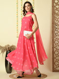 Myshka Women's Pink Georgette Sleeveless Flayered Party Kurta With Dupatta Set