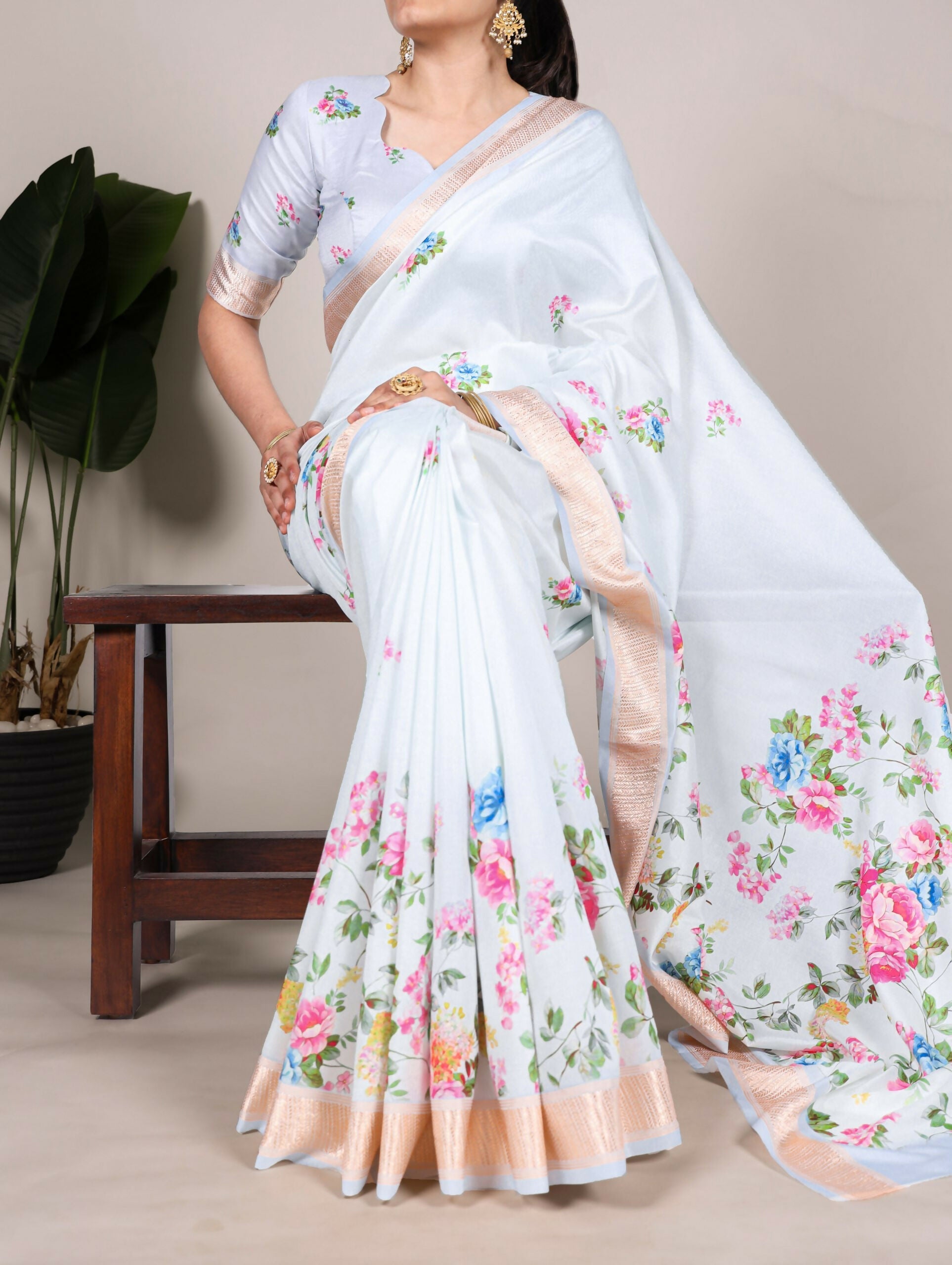 Vastranavya White Tussar Silk Printed with Viscose Border Saree with Unstitched Blouse - Distacart