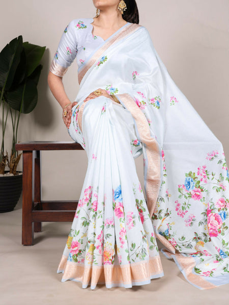 Vastranavya White Tussar Silk Printed with Viscose Border Saree with Unstitched Blouse