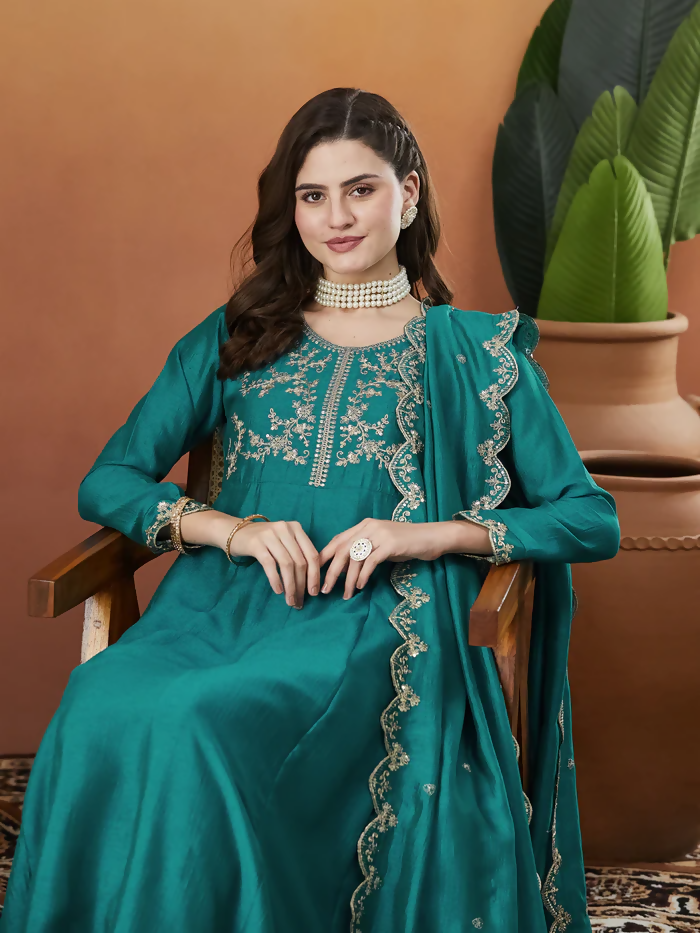 The52 Rama Women's Beautiful Vichitra Silk Fabric Embroidered Work Flared Anarkali Pant and Dupatta Set - Distacart