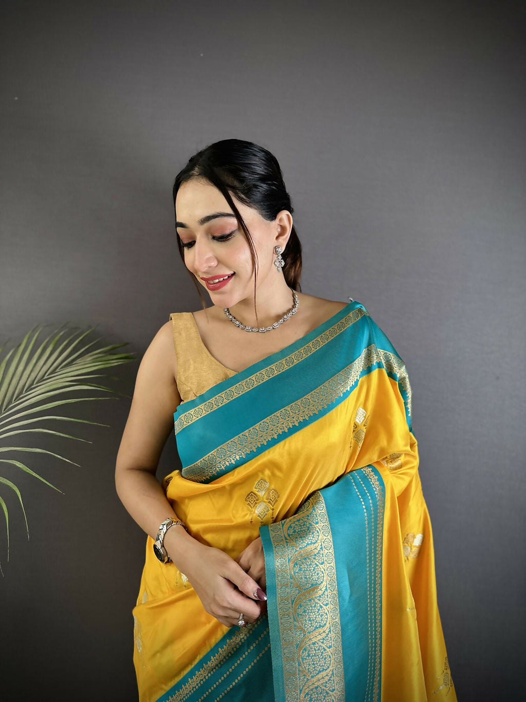 Joban Fashion Yellow Banarasi Soft Silk Woven Saree - Distacart