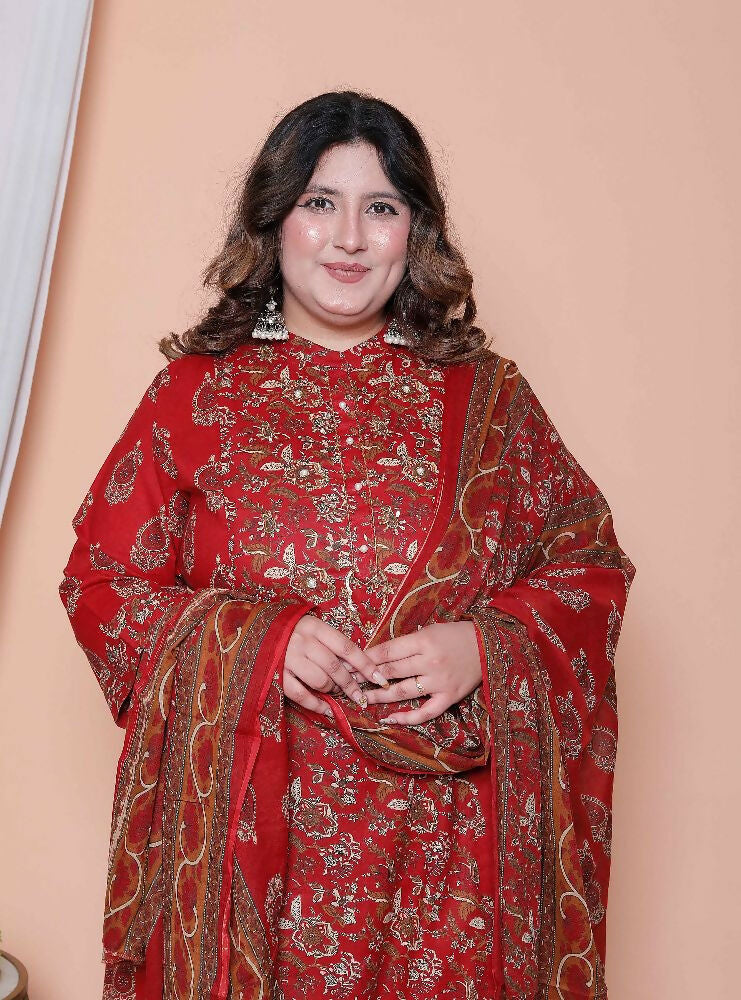 Miravan Women Floral Print Cotton Maroon Stitched Kurta Palazzo With Dupatta Set - Distacart