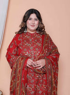 Miravan Women Floral Print Cotton Maroon Stitched Kurta Palazzo With Dupatta Set - Distacart