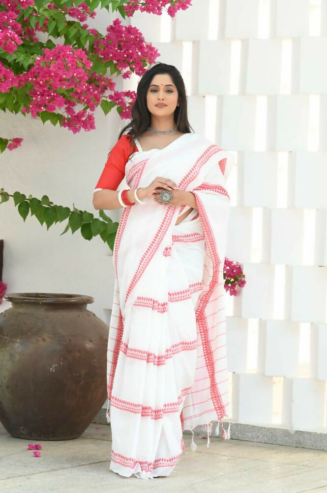 Beatitude White Cotton Handloom Saree