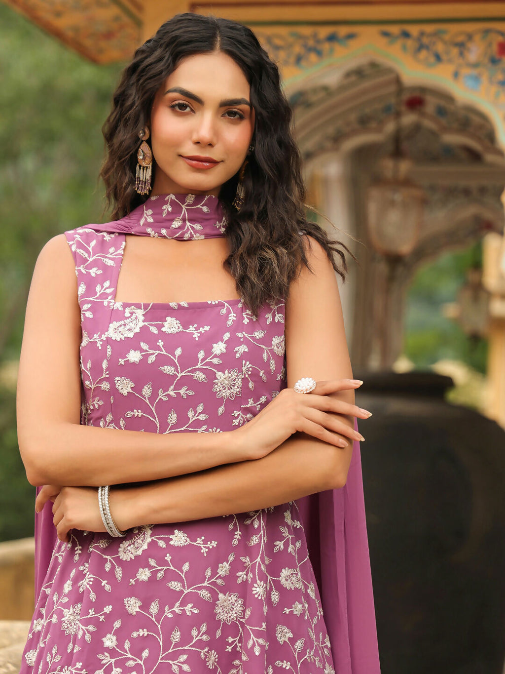 Janasya Lavender Georgette Embroidered Kurta,Bottom & Dupatta