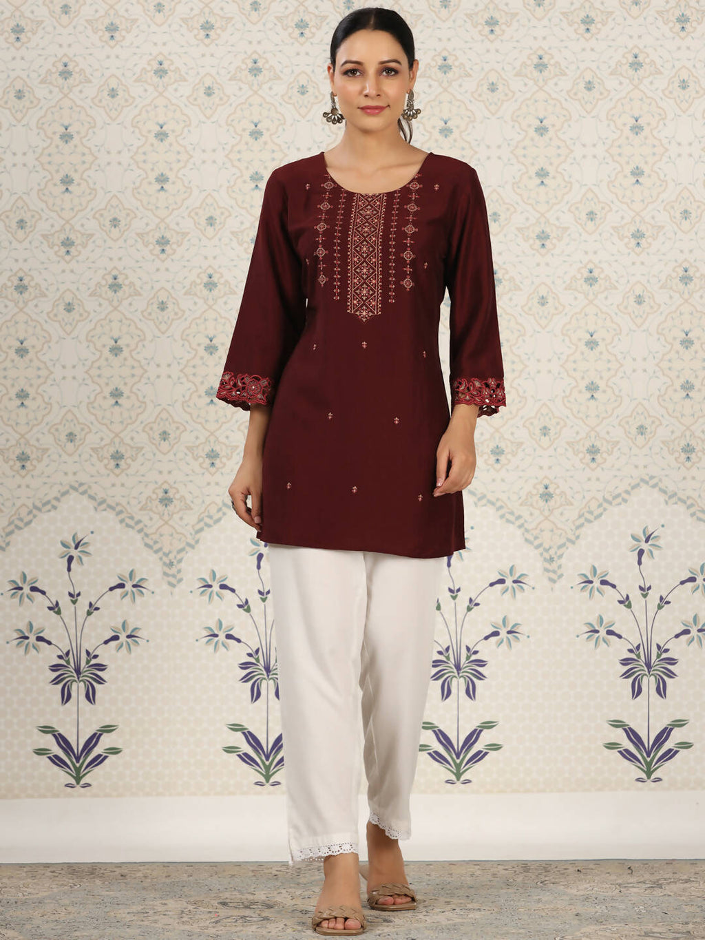 Maroon Chinon Embroidered Straight Top - Zeny