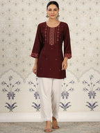 Maroon Chinon Embroidered Straight Top - Zeny