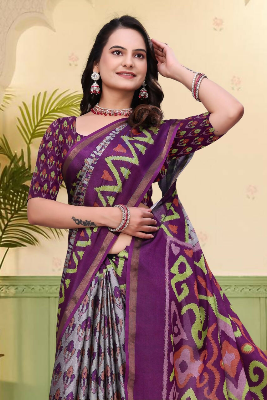 Prime Volt Mal Cotton Purple Ethnic Printed Saree with Designer Blouse Piece - Distacart