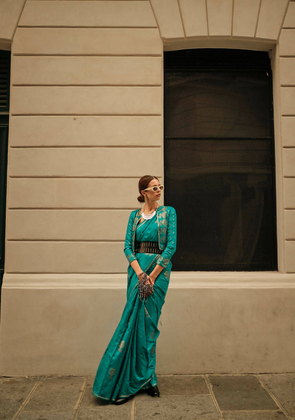 Pacific Blue Weavead Thread & Zari Work, Handloom Weaving Banarasi Satin Silk Saree - Rajtex Kronicle Silk
