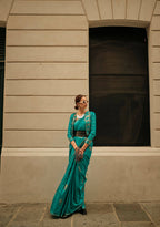 Pacific Blue Weavead Thread & Zari Work, Handloom Weaving Banarasi Satin Silk Saree - Rajtex Kronicle Silk