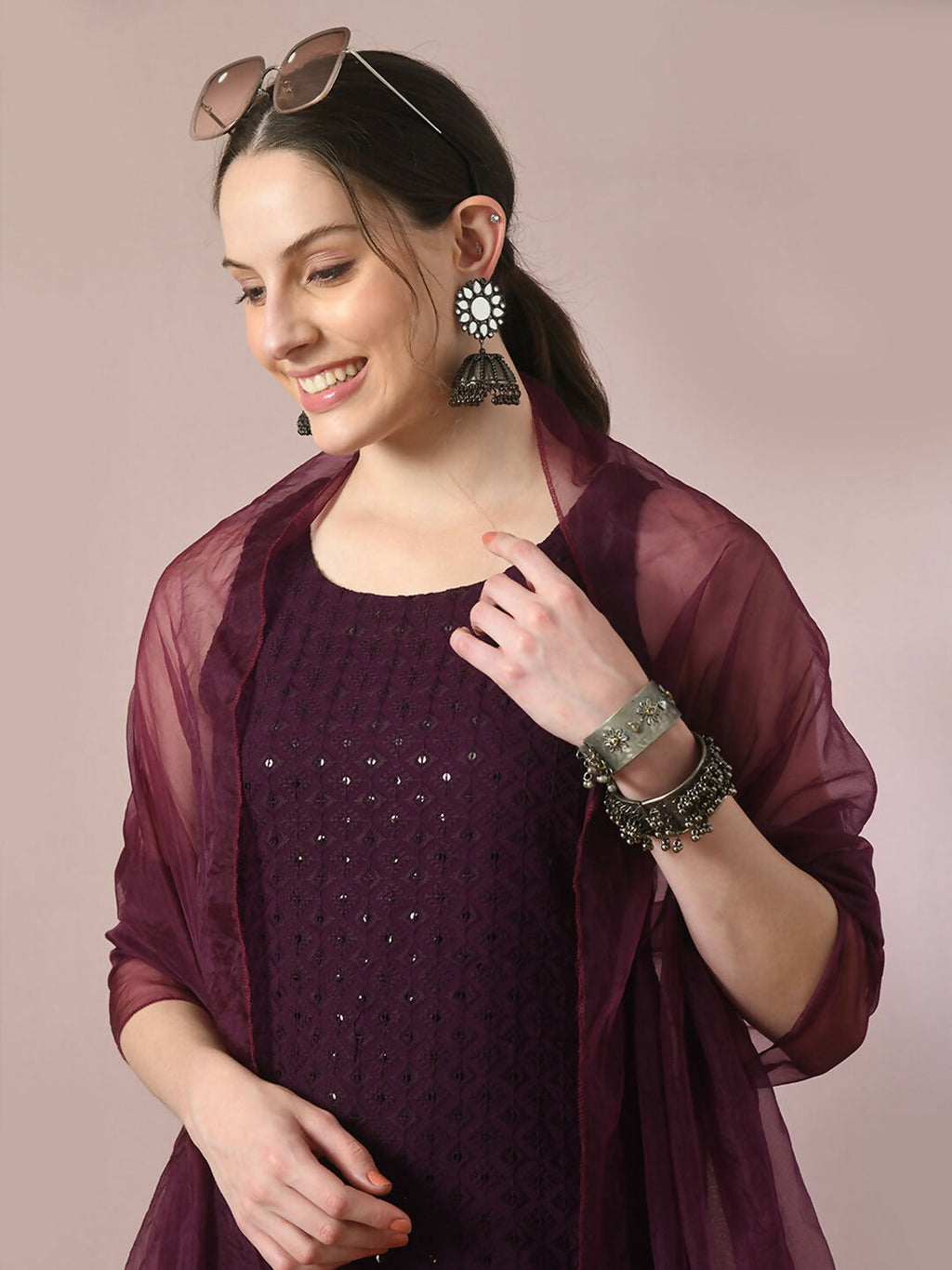 Myshka Women's Magenta Embroidered Cotton Straight Party Kurta Set With Dupatta