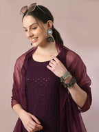 Myshka Women's Magenta Embroidered Cotton Straight Party Kurta Set With Dupatta