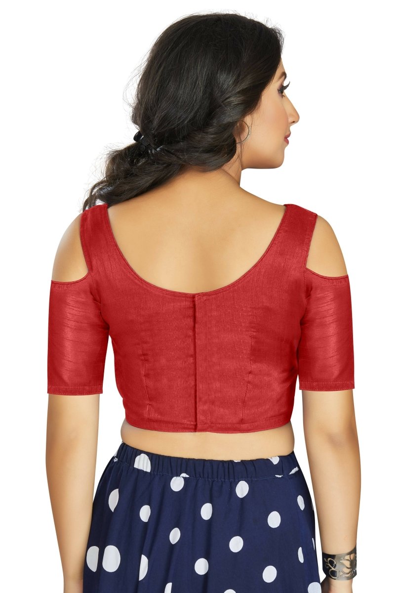Aastha Fashion Women's Red Art Silk Cold Shoulder Sleeve Readymade Blouse