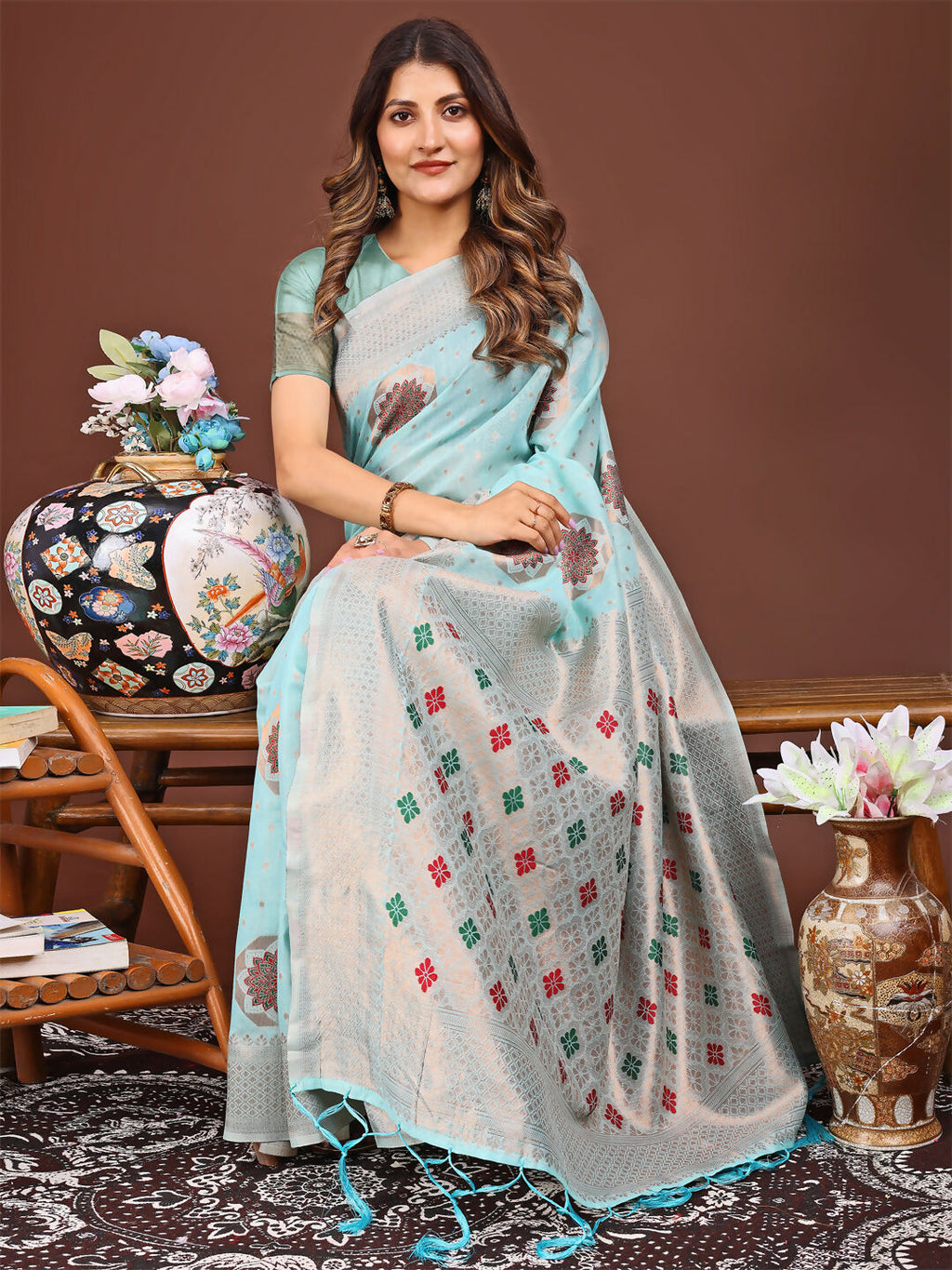 Shree Shyam Fashion Neerja Sky Blue Linen Cotton Saree