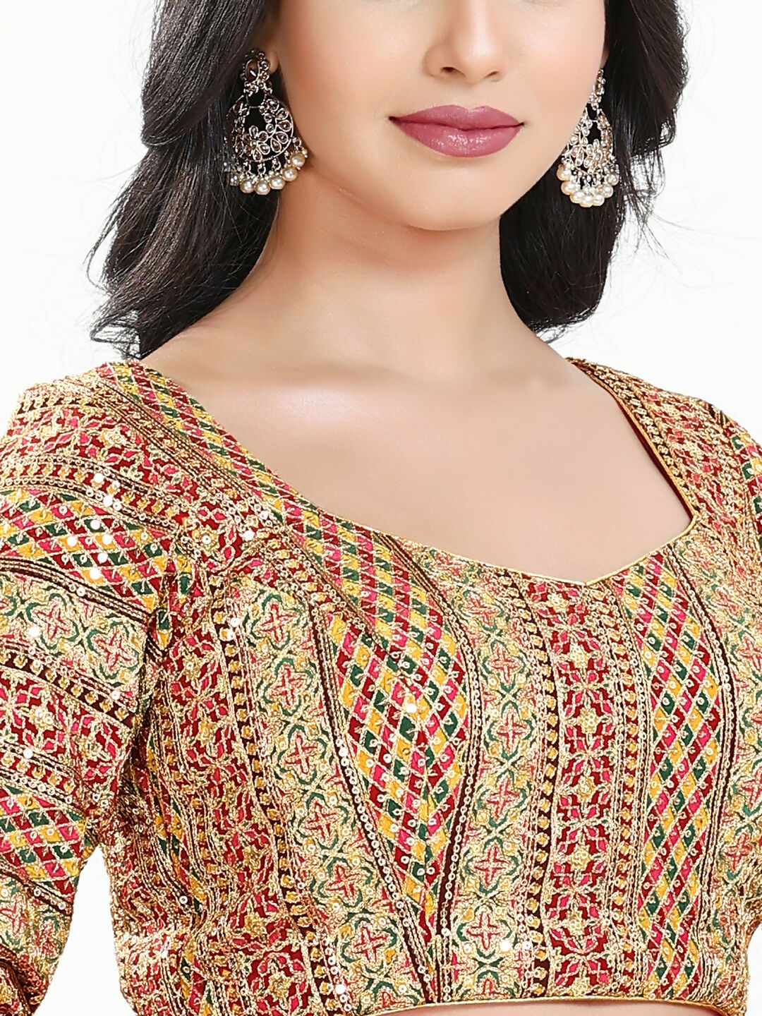 Joban Fashion Pink Multi Silk Padded Blouse With Sweetheart Neck 3/4 Sleeves - Distacart