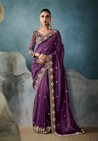 Monjolika Fashion Purple Tissue Embroidered Sequins And Zari Work Saree - Distacart