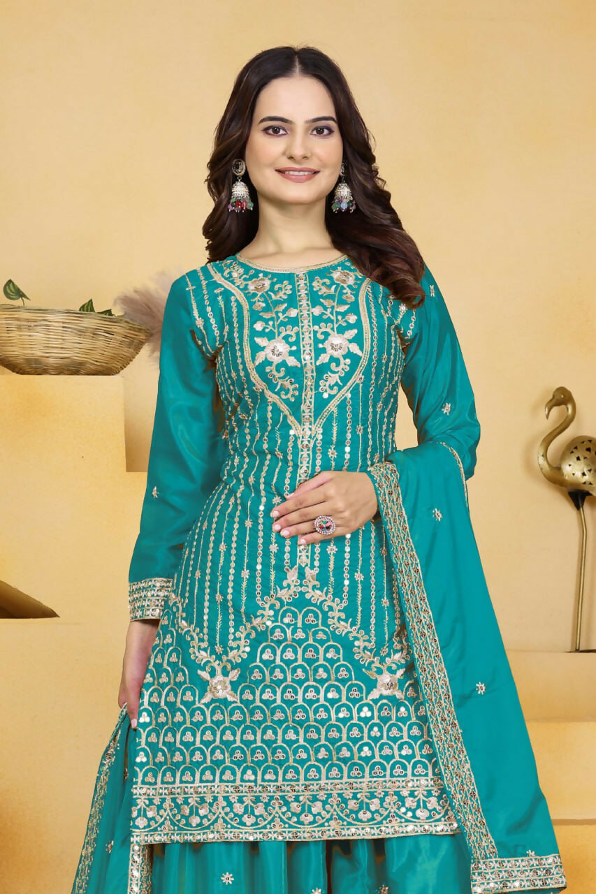 Teeya Creation Teal Color Natural Crepe Silk Wedding Wear Trending Palazzo Set - Distacart