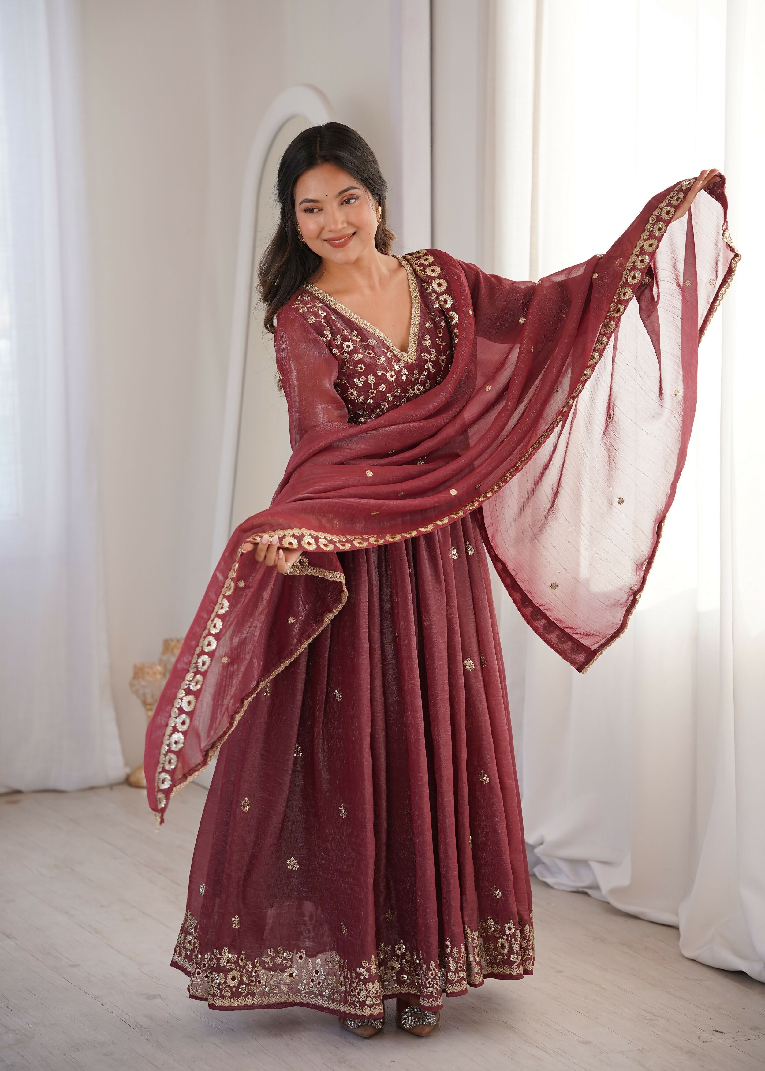 Teeya Creation Brown Crunchy Silk Wedding Wear Embroidery Work Design Gown - Distacart