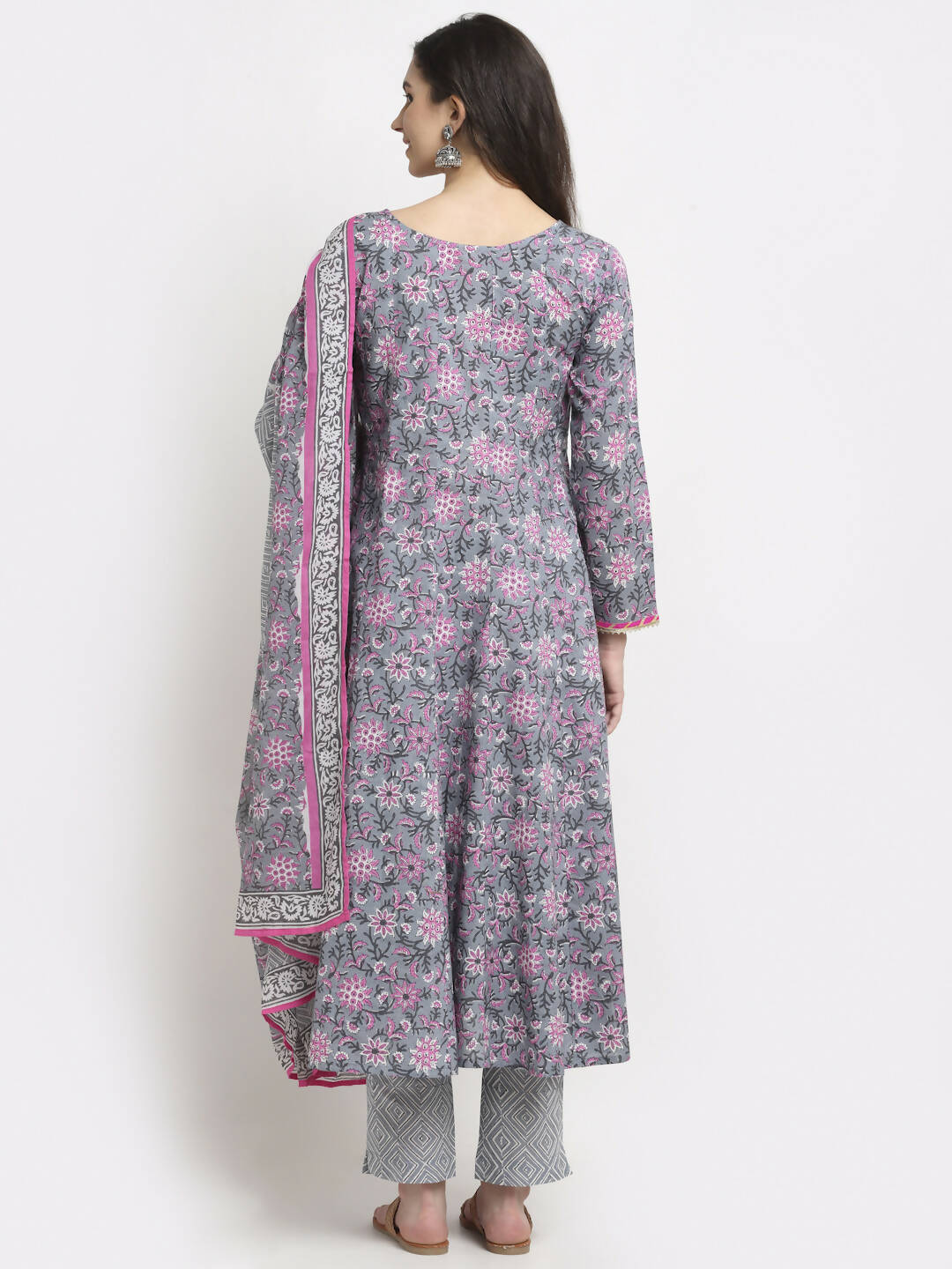 Rudra Bazaar Grey Printed Anarkali Suit Set With Dupatta - Distacart