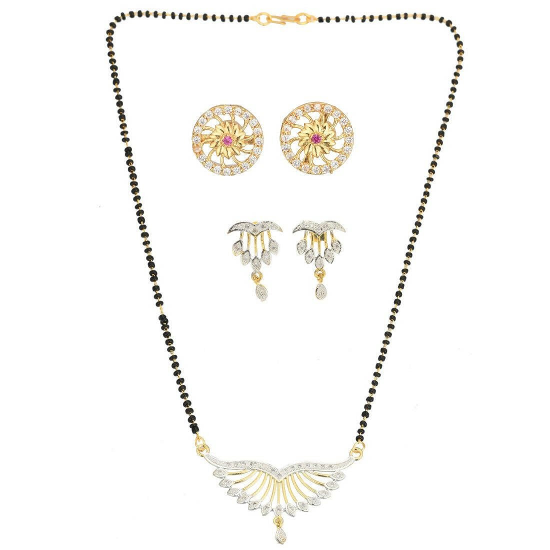 AanyaCentric Gold-Polished Mangalsutra with Pendant, 2 Pair Earrings