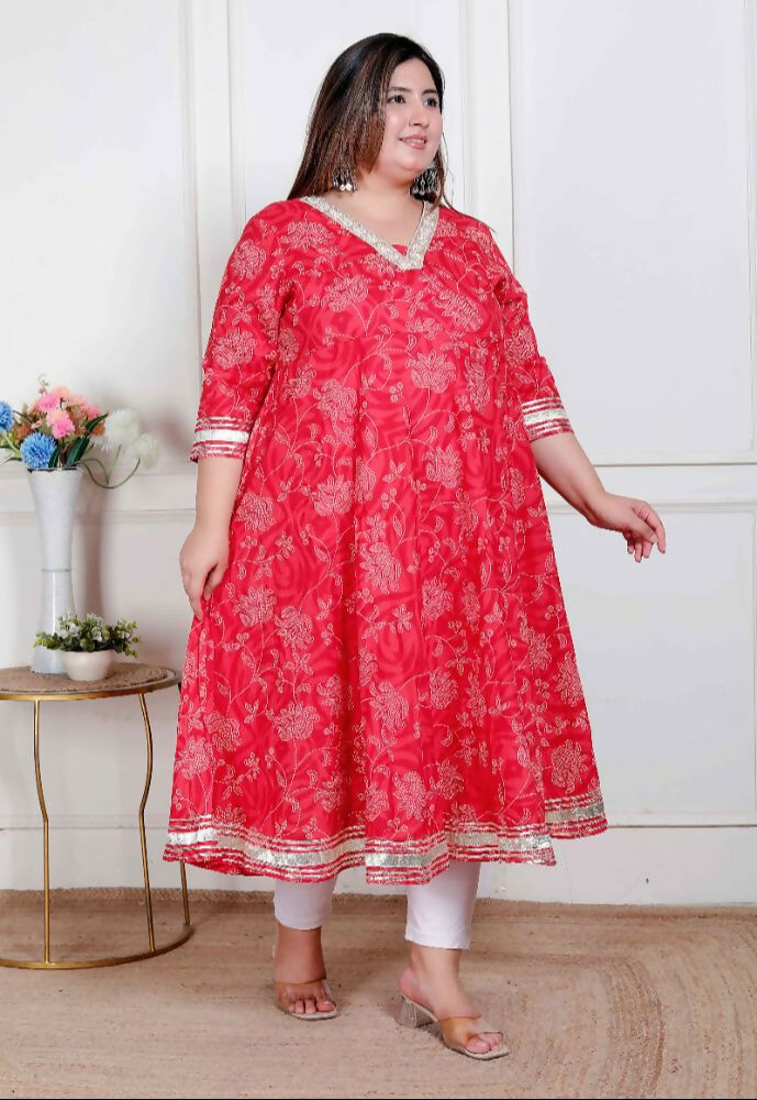 Miravan Plus Size Women'S Red Jaipuri Printed Cotton Ethnic Anarkali Kurta - Distacart