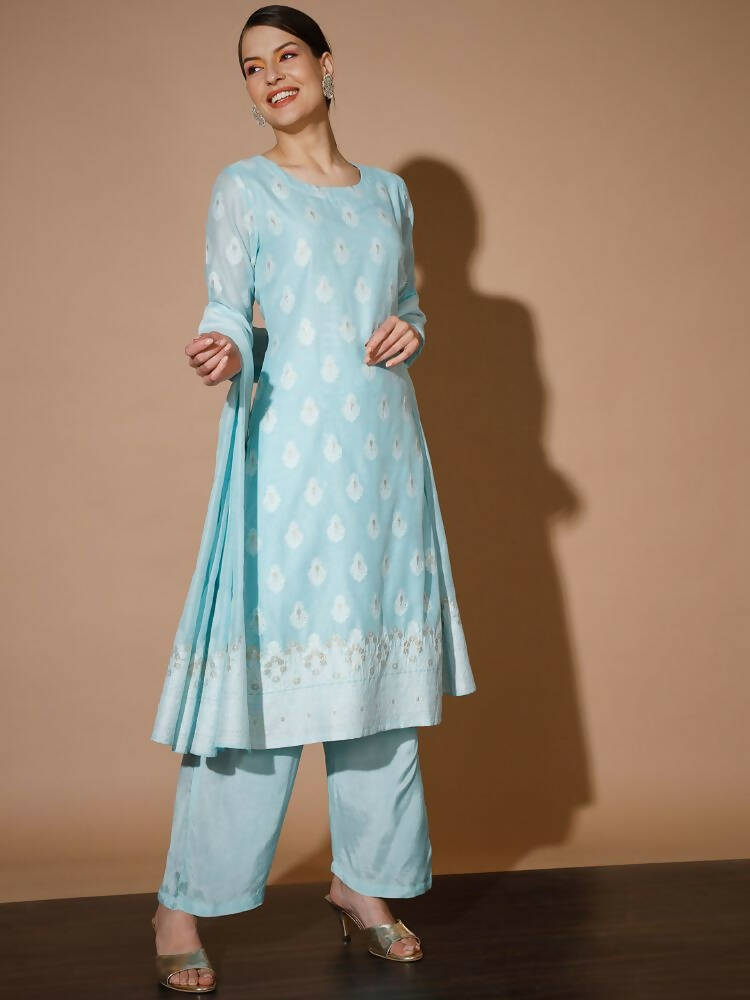 Myshka Women Blue Printed Kurta & Palazzos With Dupatta - Distacart