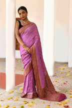 Joban Fashion Hot Pink Crepe Chiffon Pure Handloom Banarasi Silk Saree