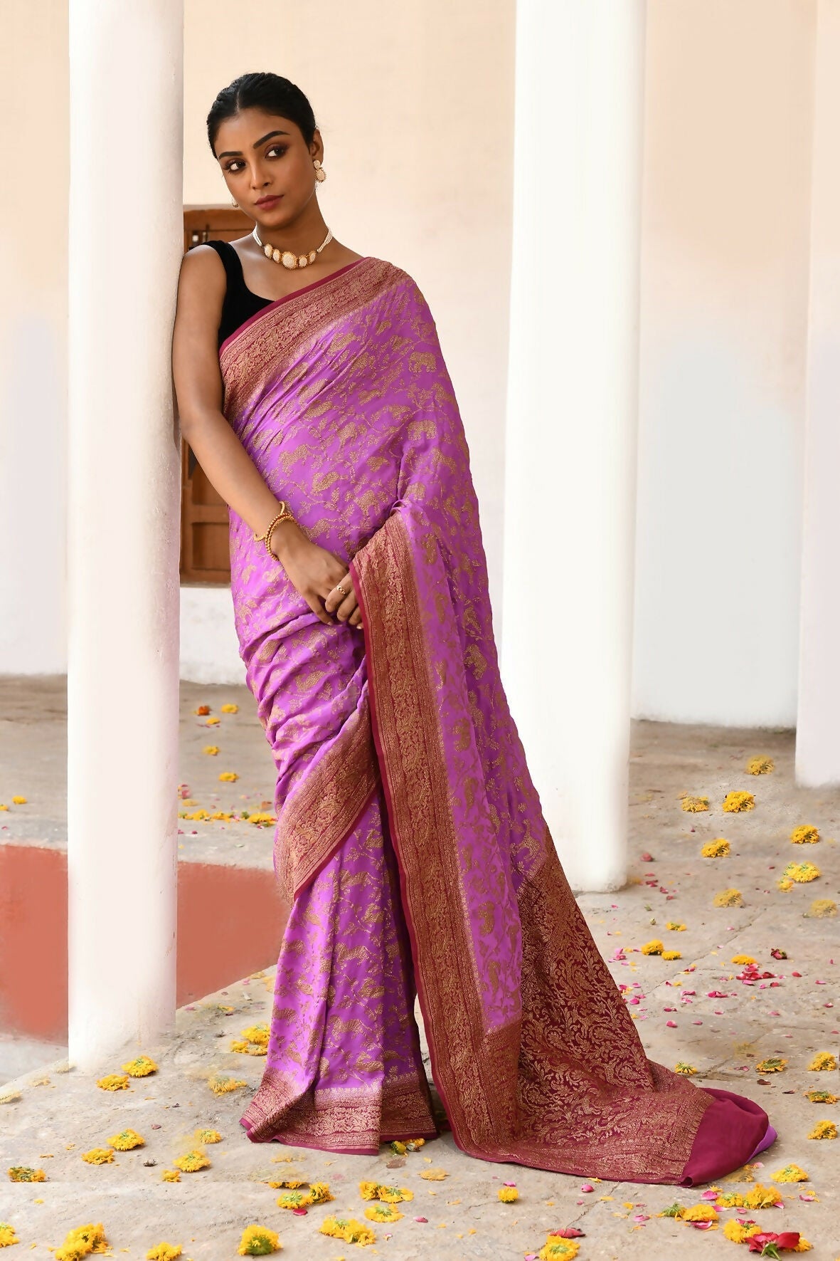 Joban Fashion Hot Pink Crepe Chiffon Pure Handloom Banarasi Silk Saree