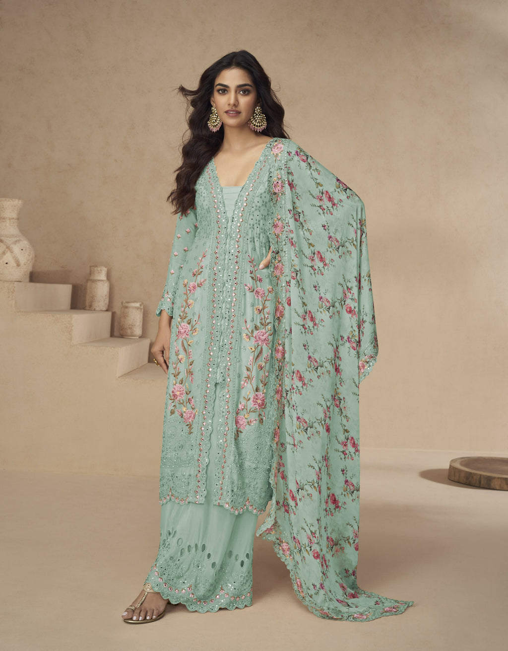 Anaita Sea-Green Chinon Readymade Suit with Embroidery Sequence Work - Distacart
