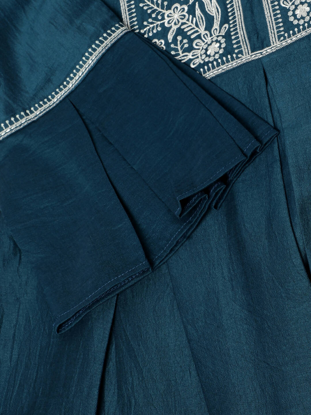 Teal Chinon Floral Embroidered Top with Bottom - Maanushi