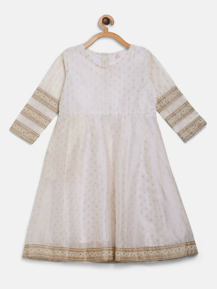 Ahalyaa Off White Chanderi Anarkali Kids Kurta With Dupatta For Girls