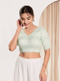 Joban Fashion Pista Green Crochet Padded Blouse With V Neck Elbow Sleeves - Distacart