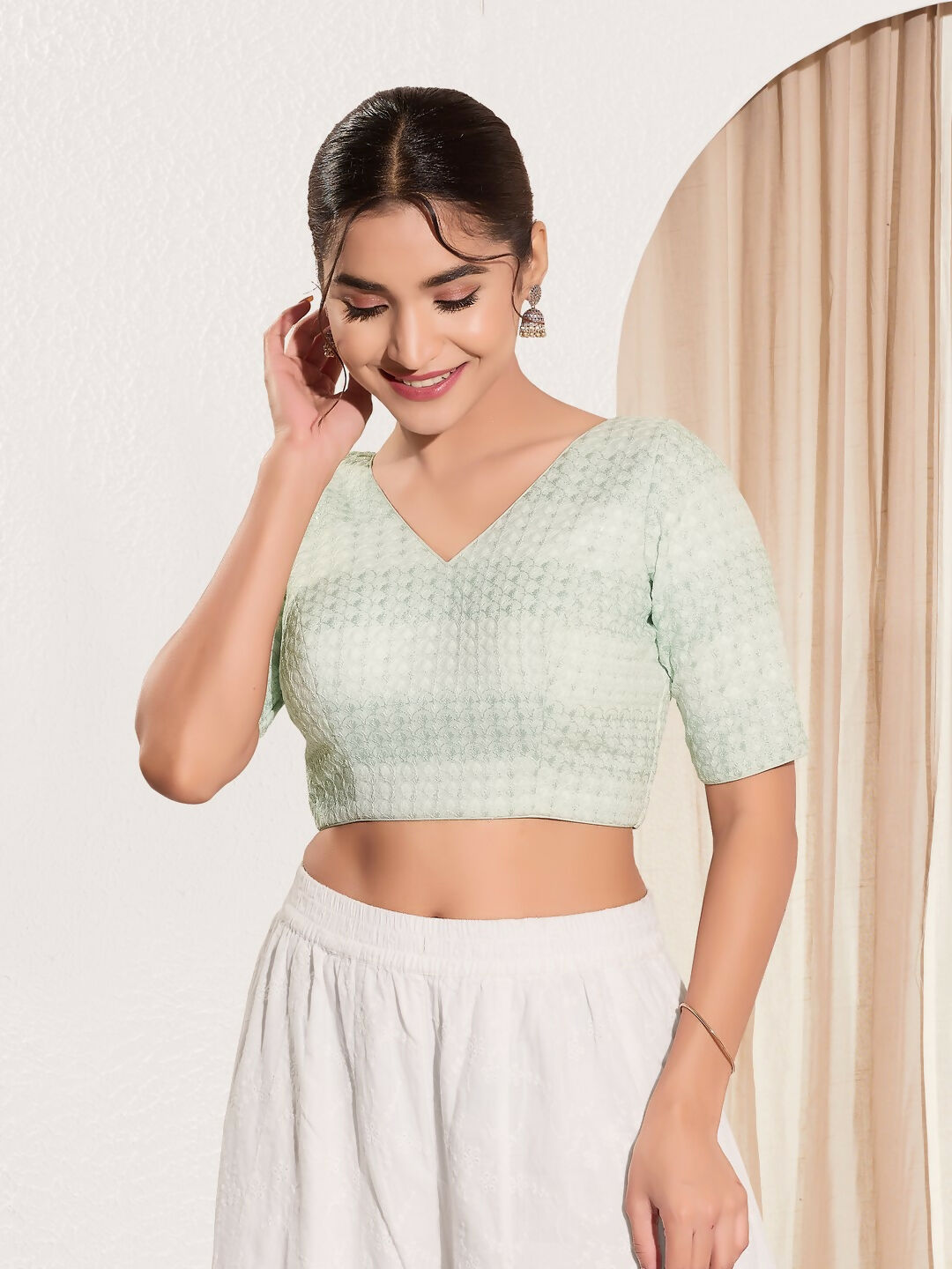 Joban Fashion Pista Green Crochet Padded Blouse With V Neck Elbow Sleeves - Distacart
