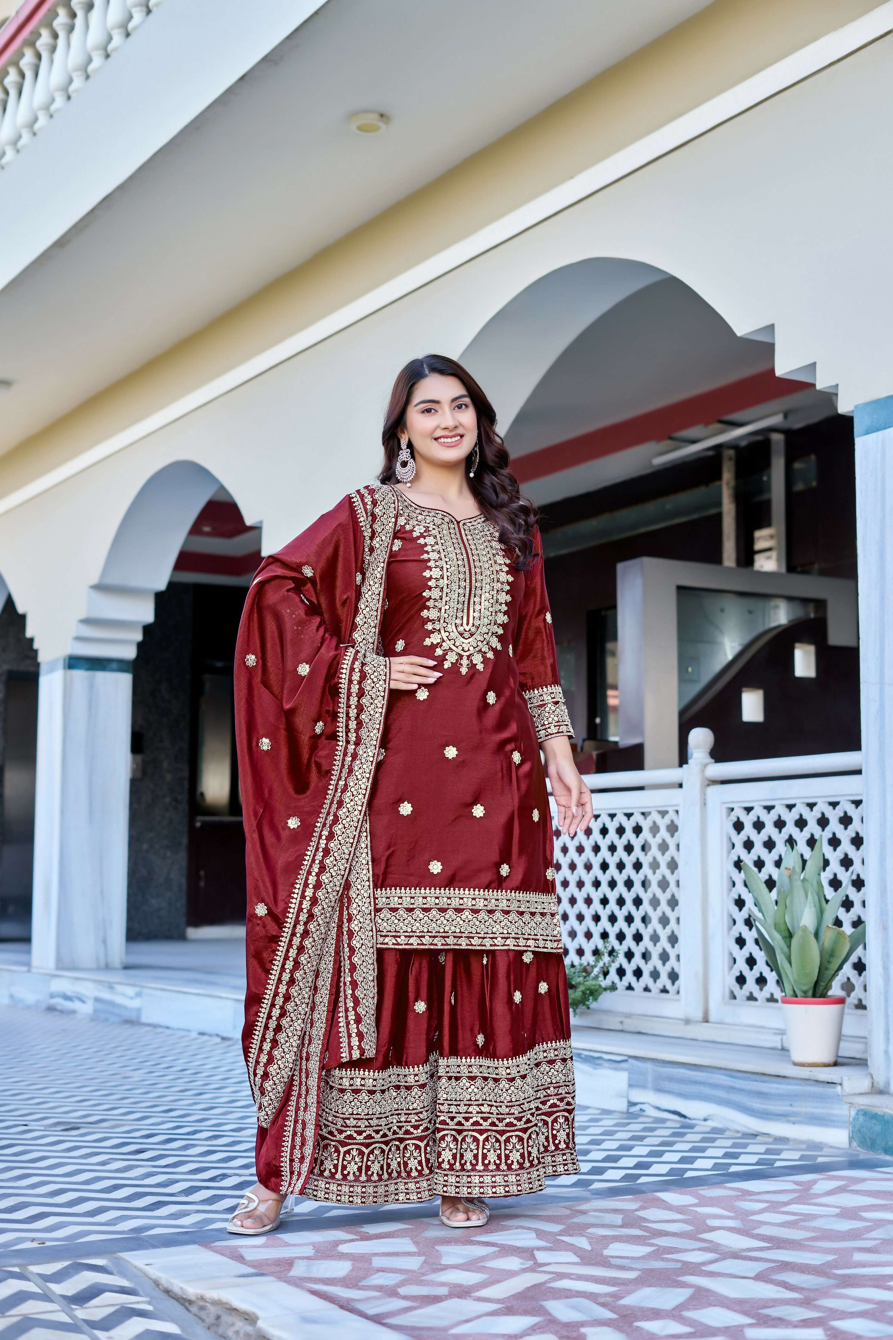 Teeya Creation Maroon Color Chinon Silk Heavy Embroidery Work Wedding Wear Sharara - Distacart
