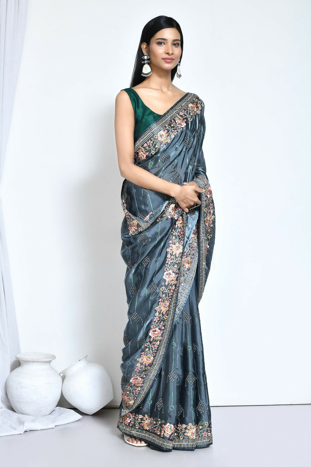 Teal Satin Silk Sequence Embroidered with Stone work Saree - Nimaya Benzy