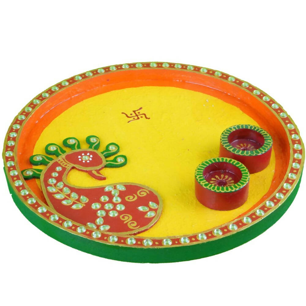 Kundan HandiKrafts Mdf Peacock Pooja Thali (Round) - Distacart