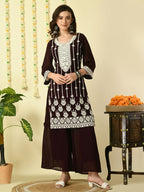 Myshka Women's Coffee Brown Georgette Kurta & Palazzos With Dupatta Party Sets