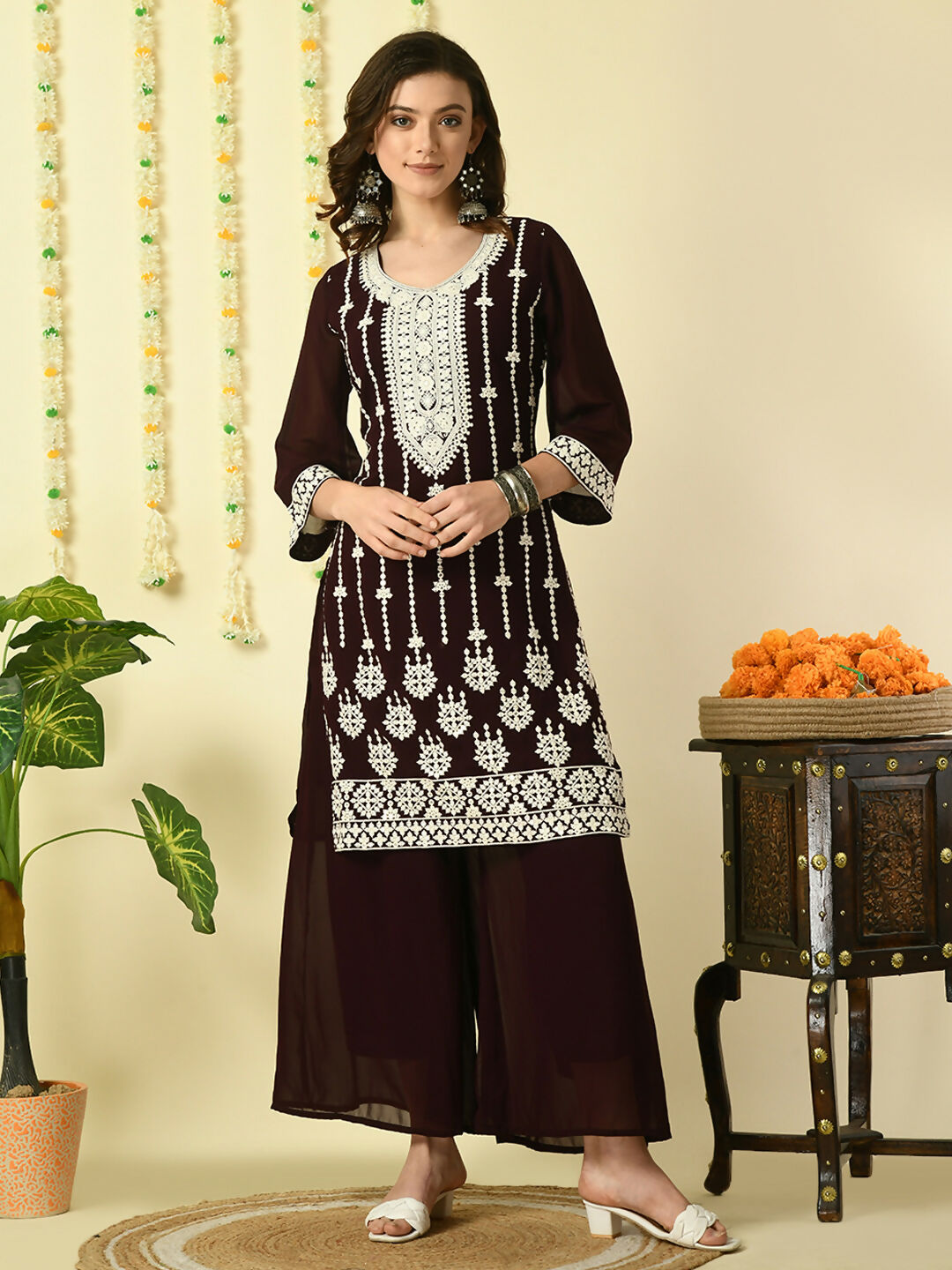 Myshka Women's Coffee Brown Georgette Kurta & Palazzos With Dupatta Party Sets