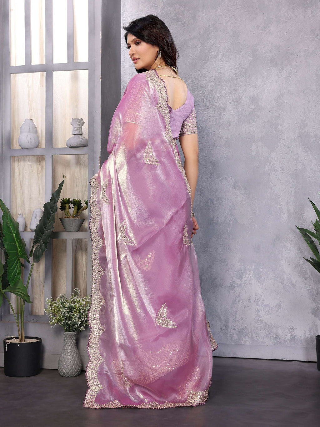 Vastranavya Lavender Embroidery Work Shimmer Chiffon Saree with Unstitched Blouse - Distacart