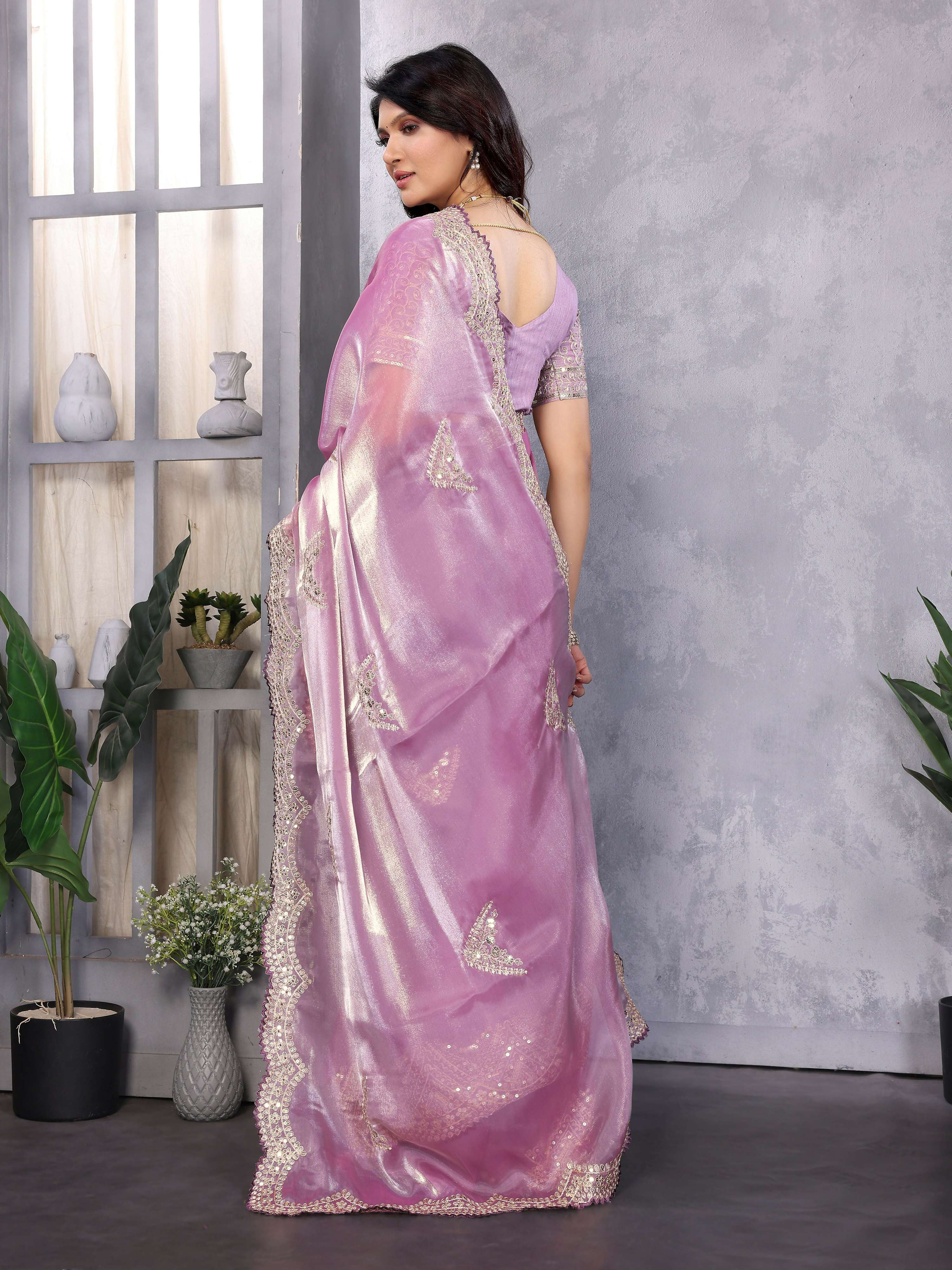 Vastranavya Lavender Embroidery Work Shimmer Chiffon Saree with Unstitched Blouse - Distacart